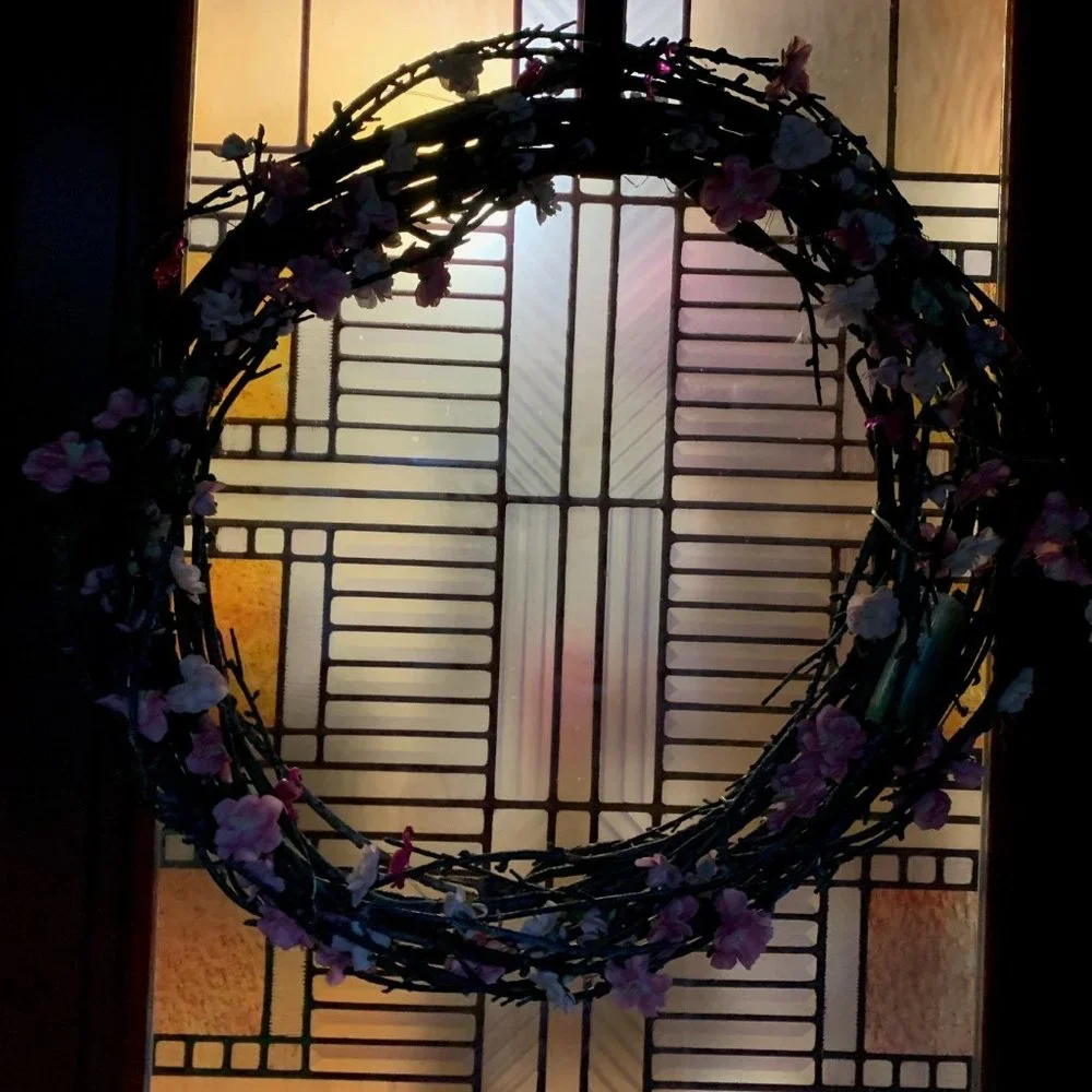 Cheery Grapevine Wreath with Pink Cherry Blossoms and Flamingo Lights